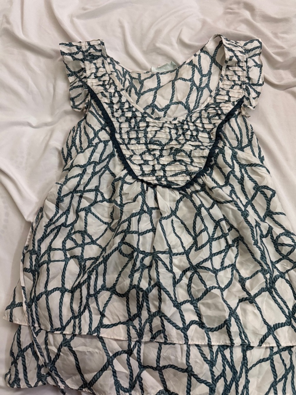 Lilly Pulitzer White Shell Top with Navy Rope Print and Ruffle Trim